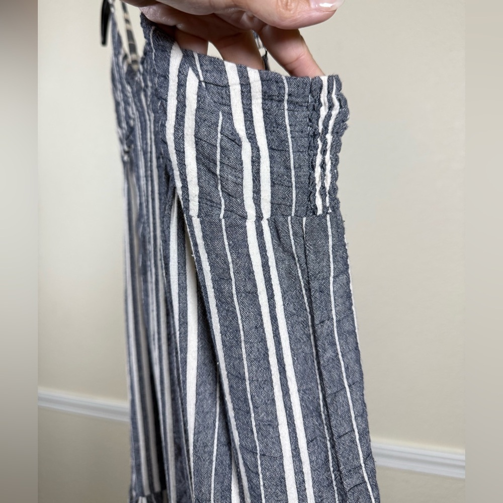 Striped Linen Blend Maxi Dress Adjustable Straps Flowy Bohemian Summer Dress - Picture 5 of 9